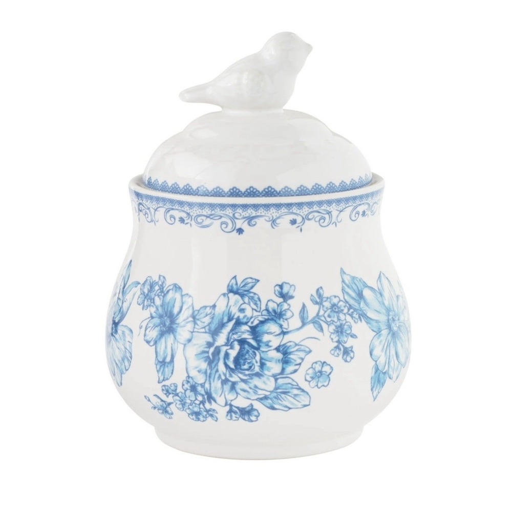 Pioneer Woman Agatha Sugar Bowl w/ Lid Blue Stoneware Floral Bird NEW Gift Idea